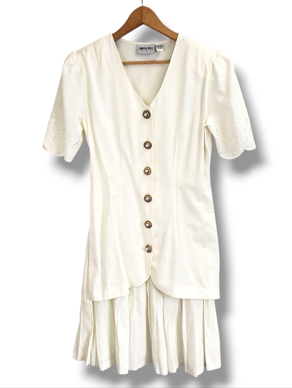 Vintage Caroline Wells Cream Embroidered Button-up Pleated Dress Size 10